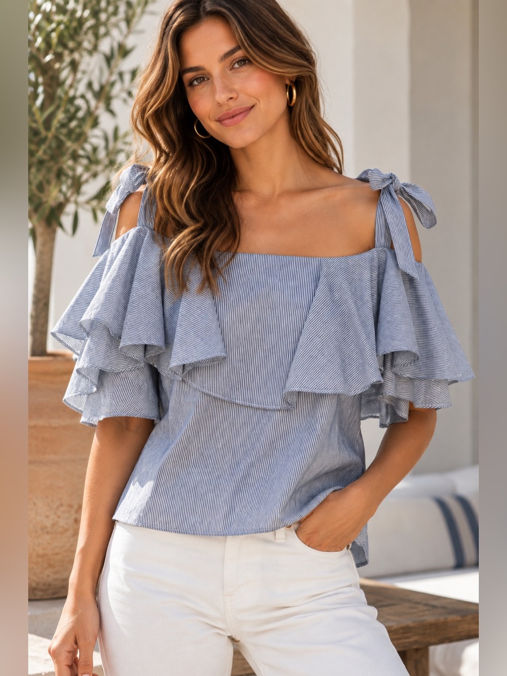 MISA Blue White Pinstripe Shoulder Tie Blouse Top M